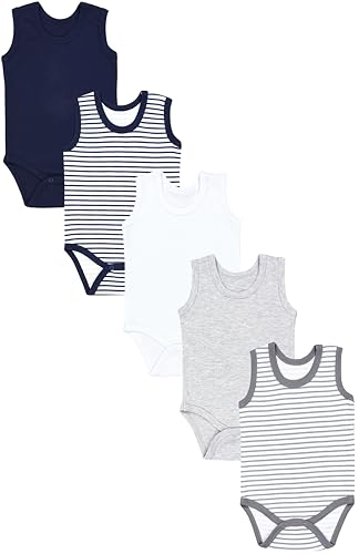 TupTam Baby Jungen Achselbody – Weicher Baby Body im 5er Pack aus Baumwolle, Body Baby Unifarben OEKO-TEX zertifiziert, Farbe: Streifenmix Blau Grau, Größe: 110