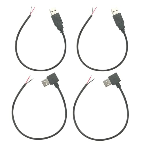 USB 2.0 auf blankes Kabel,offene Kabelenden Strom,12 Zoll,30cm,5V, 22AWG,2 Kerne,Power Pigtail,Reparaturdose am Schwanz,Kabel,2 gerader Stecker und 2 rechtwinkliger L-Stecker für DIY-Projekte(Schwarz)