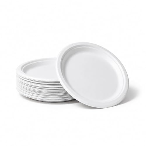 Image of Bonkaso 10 Inch, Pack of 25 Bagasse Disposable Round Plates (White)| Eco-Friendly Sugarcane Paper Plates | Biodegradable, Compostable & Sturdy | Ideal for Snacks, Desserts, Parties, Weddings & Events