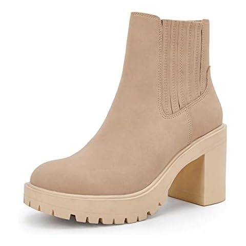 Syktkmx Womens Platform Chelsea Ankle Boots Lug Sole Chunky Block Heel Slip On Accordion High Top Western Booties Cover
