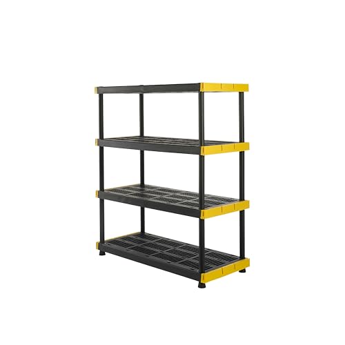 BLACK & YELLOW, 4-Tier Heavy Duty Plastic Storage Shelving Unit, 200lbs/shelf (55″H x 48″W x 20″D), for Indoor/Outdoor Organization, Modular Rack