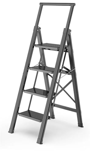 LVSEWOA Escalera telescópica Plegable de Aluminio de 4 peldaños con Pedal Ancho, portátil, Ligera y con empuñadura (Plateada, 4 peldaños)/Negra, 4 peldaños