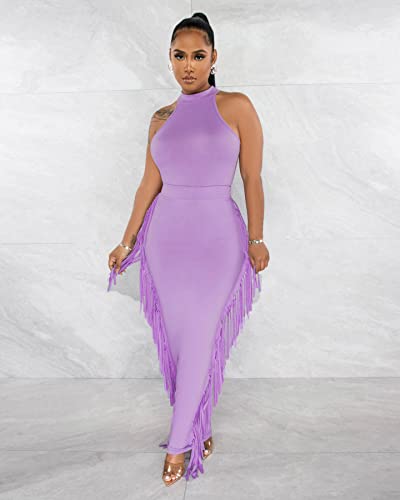 Image of YUEWOO 2 Piece Outfits for Women Sexy Crop Top Ruched Bodycon Maxi Dresses Fringe Skirt Sets Night Club Jumpsuits