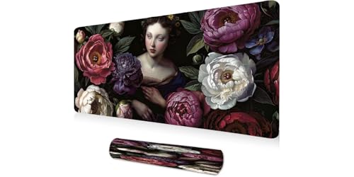 Tapis de souris XXL 1400x600mm à motif fleurs rose et noir avec bords cousus pour bureau
