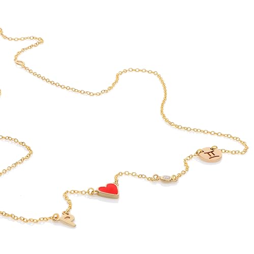 Personalized Red Heart Inez Initial Necklace with Small or Big Diamond - Custom Initial & Zodiac Sign - Jewelry for Her, Women - Dainty Gift for Mother's Day, Birthday, Christmas