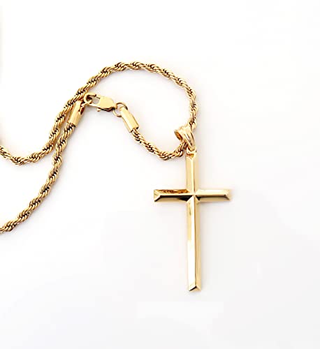 24K Gold Rope Chain Style Cross Pendant Necklace 3MM Cross Necklace Gift for MEN, HUSBAND FIANCE Thin for Charms Miami Cuban Link Diamond Cut Religious Beveled Edge2