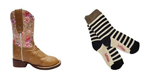 TuffRider Children's Dunes Square Toe Western Boot- Tan Floral-With Free Assorted Striped Socks