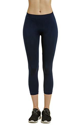 Mopas Leggings - Women's Ribbed Waistband Capri Length Plain Leggings - Navy #TOP2