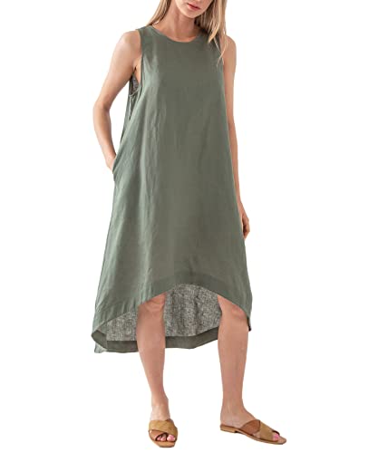 Image of Amazhiyu Women's 100% Linen High Low Midi Dress with Pocket | Summer Casual Flowy Dresses, Sleeveless Crewneck Dresses, Solid Color