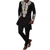Vhersily Costume Traditionnel Tribal Africain Dashiki pour Homme, Vêtement à Manches Longues, Chemise et Pantalon Musulman Arabe Moyen Orient, Manches Longues, Robe Islamique Chic et Élégante, Noir