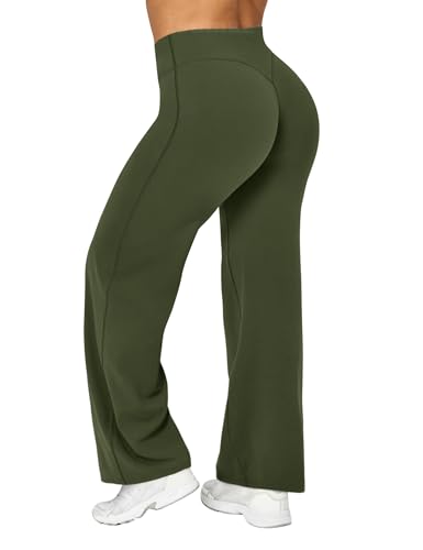 Ieumaz Women Straight Leggings Bottoms High Waist Gym Workout Leggings Stretch Casual Wide Leg Yoga Pants Green