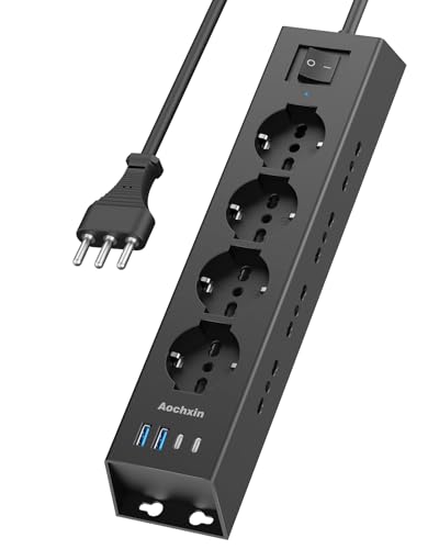 Presa Angolare Multipresa Elettrica con 2 USB-A, 2 USB-C e 12 Prese, Ciabatta con Interruttore e Protezione Sovratensione, 3680W, 16A, Cavo 2m, Presa Multipla per Piano di Lavoro, Ufficio, Nero