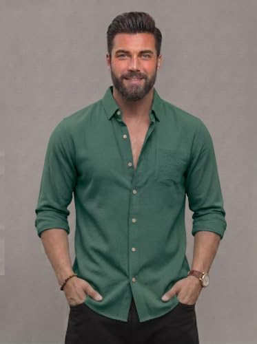 Image of NexaFlair Men's Regular Fit Solid Pattern Laffer Cotton Shirt with Long Sleeve Collared Neck Standard Length and Button Down Closure Type | Mens Casual Shirts | Man's Formal Shirts