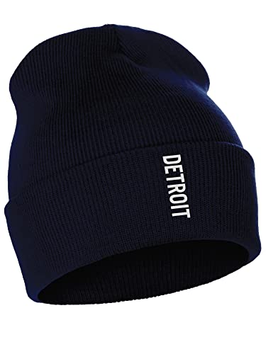 Daxton Vertical USA Cities Cuffed Beanie Winter Knit Hat Skully Cap Detroit Navy White