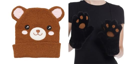 Image of FashionFritz & Little Bitz Bear face adult cold weather beanie and fuzzy bear gloves accessory bundle