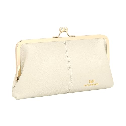 Image of Royal Bagger RFID Kiss Lock Wallet, Solid Color Multi-card Slots Card Holder, Genuine Cow Leather Clutch Purses for Women 1468 (White)