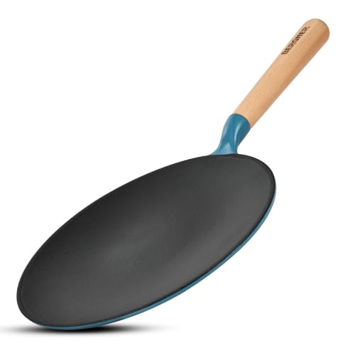 Image of BERGNER Excalibur Lightweight Cast Iron Roti Tawa 26cm, Sturdy Wooden Handle, Non-Stick Coating, PFAS Free, Perfect Heat Distribution, Elegant Design - Induction and Gas Stove Ready (Blue)