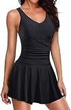 Yonique One Piece Swimsuits for Women Modest Tummy Control Swimdress Vintage Bathing Suits Skirt Swimwear Pure Black M