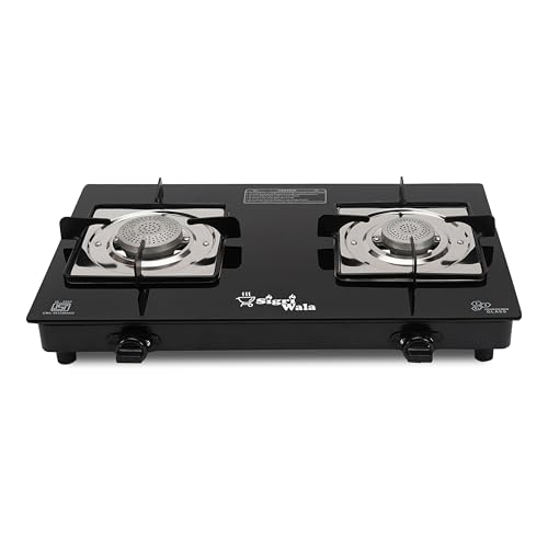Sigri-Wala PrimeCook 2 Burner Gas Stove for Kitchen | Manual Ignition | Orchid Black Toughened Glass Cooktop | LPG Compatible | High Efficiency Burners