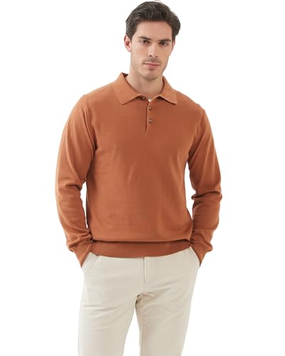 Image of Kallspin Mens 100% Cotton Polo Sweater Long Sleeve Button Down Knit Pullover Relaxed Fit Collared Casual Tops