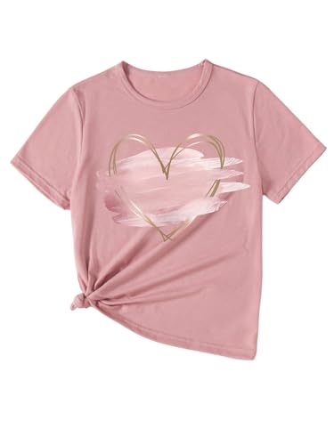 SHENHE Girl's Summer Graphic Tee Cute Heart Print Short Sleeve Crew Neck T Shirt Top