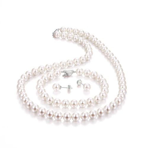 Pearl Necklace and Earring Set Include Stunning Bracelet, Pearl Jewelry Set for Women with Preserved Rose Box