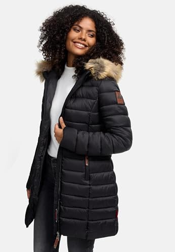 MARIKOO Damen Wintermantel warmer Steppmantel lang mit Kapuze und abnehmbarem Kunstfell-Kragen Rose Schwarz Gr. XL