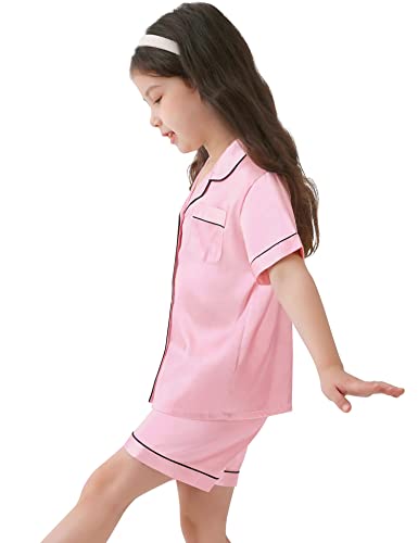 SWOMOG Kids Satin Pajamas Sets Girls Boys Button-Down Pjs Short Sleeve Silk Nightwear 2 Piece Lounge Sets3