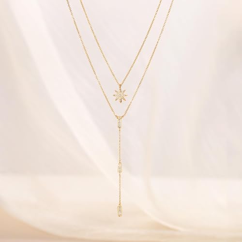 Image of CHESKY Long Necklaces for Women, 14k Gold Plated /Streling Silver Lariat Necklace Dainty Statement Prom Necklace Rosary Cross Sun Drop Pendant Dangle Necklace Gold Prom Jewelry for Women Gifts