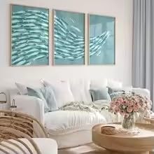 KEMEIQI Set di 3 poster con banco di pesci, tema marino blu, decorazione da parete, stile nautico da spiaggia, stile boho, dipinti su tela per la decorazione della stanza (70x110cmx3/senza cornice)