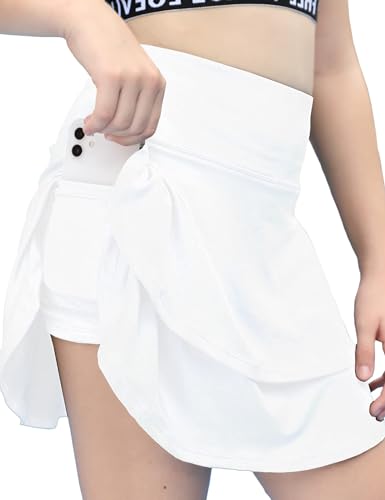 Haloumoning Mädchen Rock Sommer Tennisrock für Kinder Faltenrock Sport Skater Skorts Röcke A-Linie Geschichtet Rüsche Golfrock mit Taschen Weiß 6-7 Jahre