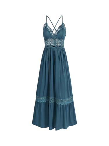 CIDER Maxi Dress for Women V Neck Solid Lace Trim Tiered Dress Beach Vacation Daily Casual High Waist