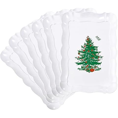 LUODA 6 Pack 2024 New Christmas Rectangle Serving Trays with Christmas Tree Design, Heavy Duty Plastic Serving Platters, 15" x 10" Reusable Trays for Party, Christmas Dinner Cover