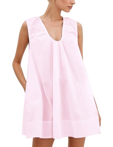 Image of Women Summer Sleeveless Babydoll Mini Dress Scoop Neck Loose Fit Tank Dresses Party Ruched Short Dress with Pockets