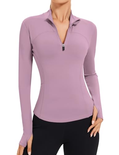 IECCP Camisetas deportivas de manga larga con cremallera de 1/4 para mujer, de secado rápido, ligeras, atléticas, con agujeros para el pulgar, bolsillos laterales para yoga, correr, entrenamiento
