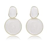Handmade Circle Round Dangle Drop Earrings for Women Girls Colorful S925 Sterling Silver Post Disc Coin Geometric Aesthetic Statement Earrings for Women Gift for Her (White)