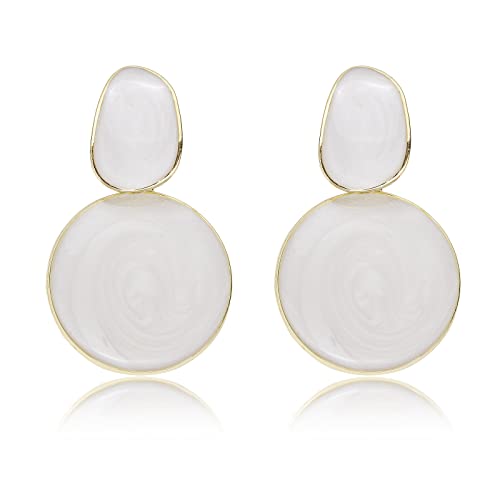 Handmade Circle Round Dangle Drop Earrings for Women Girls Colorful S925 Sterling Silver Post Disc Coin Geometric Aesthetic Statement Earrings for Women Gift for Her (White)