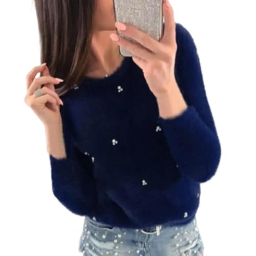 WUFANGBU Jumpers Sweatshirts Cold Resistant Fashion Women Pure Color Beaded Fluffy Sweater Jumper Coldproof Sweater Top Skinny Clothing M Navyblue