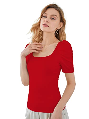 Image of Shasmi Women's & Girl's Polyester Pleated High Neck Short Puff Sleeve Ruched Bust Solid Regular Fit Top