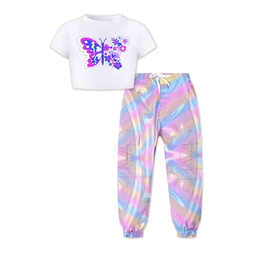 Image of Cute Clothes for Teen Girls, White Butterfly T Shirt and Camouflage Cargo Pants Outfits Multi-Pocket Elastic Waist Pull on Cargo Pants, 4-5T = Tag 120