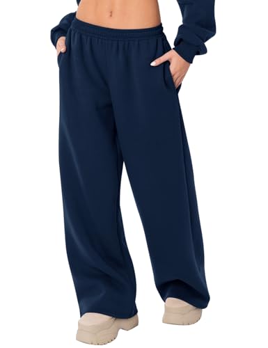 LOMON Wide Leg Sweatpants Women Fleece Sweat Pants Fall Spring Clothes 2026 Teen Girl Baggy Jogger Sweatpant with Pockets (Navy Blue L)