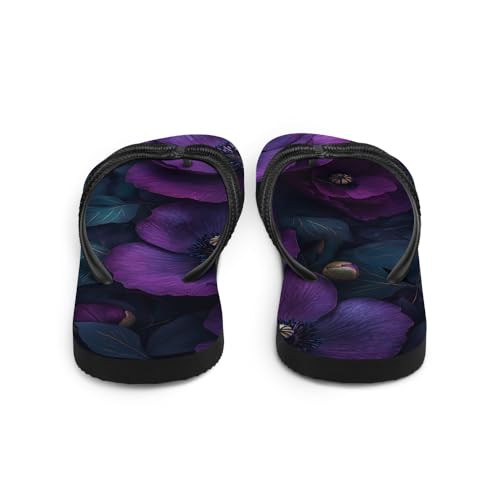 Gothic Purple Floral Flip-Flops, Dark Aesthetic Sandals, Vintage Grunge Flower Print Beach Shoes, Casual Summer Slides3
