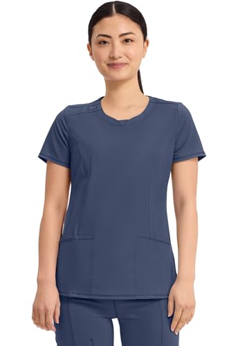 Cherokee Infinity Scrubs for Women Round Neck Scrub Top with 3 Pockets & 360° Stretch Plus Size 2624A, 3XL, Navy