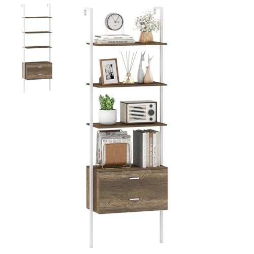 HOMASIS Estantería Escalera de 6 Niveles con 2 Cajones, Estanteria Estrecha de 184 cm con Marco de Metal, Estantería de Pared Almacenaje para Libros, Salón, Oficina (Ceniza de Roble)