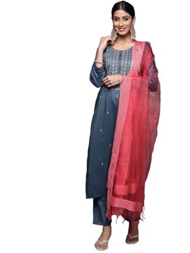 Kurta bleu brodé ensemble 3 pièces pour silhouette élégante en taille M