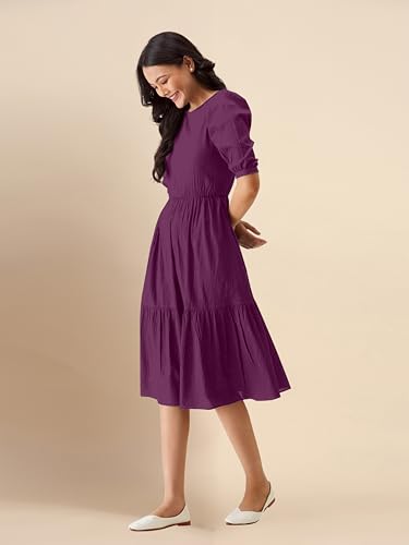 Image of TRENDMALLS Dress for Women Cotton Blend Round Neck Half Puff Sleeve Flared Pleated Midi Western Dress
