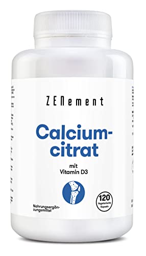 Calciumcitrat, mit Vitamin D3, 120 Kapseln | Um einem niedrigen Kalzium-Spiegel im Blut entgegenzuwirken | Keine Zusatzstoffe, keine Allergene, GMO-frei | Zenement Cover