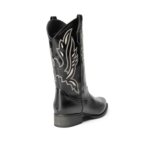 Image of DREAM PAIRS Women's Square Toe Cowboy Cowgirl Boots Pull On Low Chunky Heel Mid Calf Western Boots with Embroidered Stitched for Theme Party Country Concert | Square Toe Western Boots, Low Chunky Heel, Pull On, Embroidered Stitched, Theme Party Country Concert