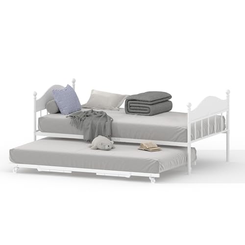 GAOMON Twin Daybed with Trundle, Sturdy Metal Foldable Bed Frame, Metal Double-Sized Sofa Bed, Heavy-Duty Steel Bed Frame, Suitable for Living Rooms, Bedrooms and Guest Rooms, White White wi