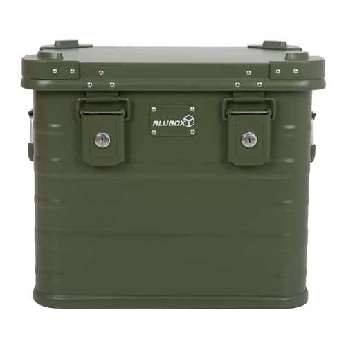 Alubox Alukiste abschließbar E31G OLIVGRÜN - Premium Lagerbox 31 Liter - Materialstärke 1mm - Deckel mit Aluminium Druckguss Stapelecken und Gummidichtung - inklusive Schlösser - lackiert